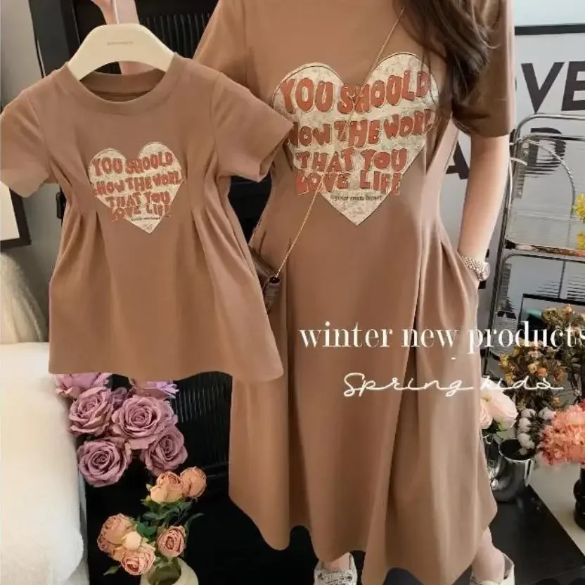 2026 New Korean Family Clothing Summer Fashion Solid Color Printed Love Mother and Daughter Short Sleeve Casual Dress