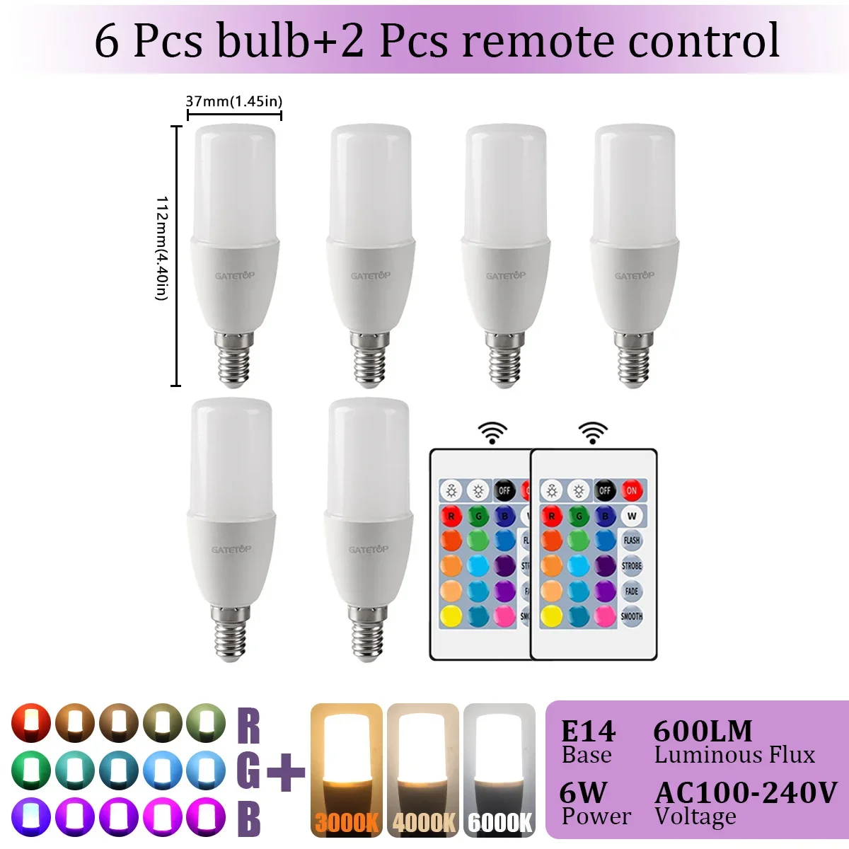 Gatetop 1-10PCS Fernbedienung E14 16 Farben RGB Led-lampe 24 Schlüssel Dimmbar 6W AC100-240V Bunte Änderung für Schlafzimmer Wohnzimmer Lampen 7