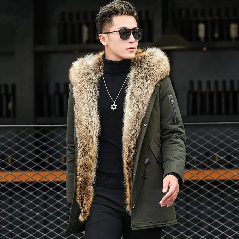 Abrigo de forro de piel de conejo desmontable para hombre, Parka cálida de moda para hombre, cuello de piel de perro de mapache, abrigos de piel Real de longitud media