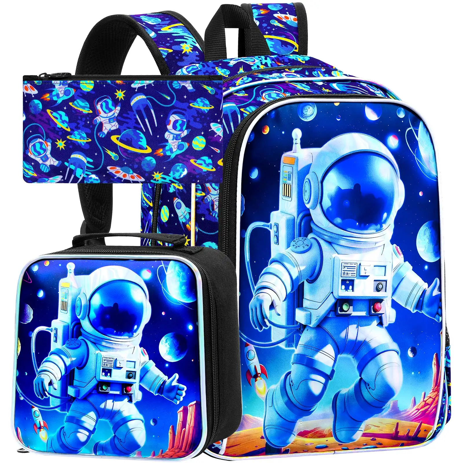 

3PCS Boys Backpack,16”Kids Astronaut Bookbag with Lunch Box, School Bag for Elementary Toddler