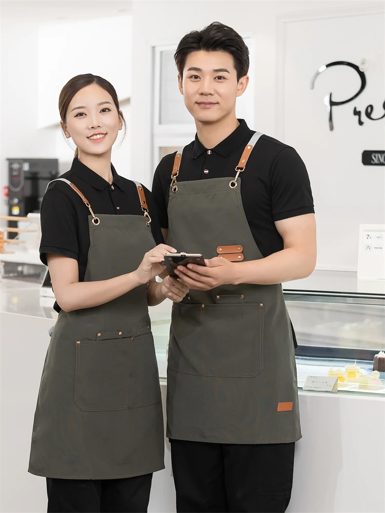 Waterproof Kitchen Apron For Women/Men With Pockets Work Mandil Cleaning Pinafore Restaurant Shop Waiter Work Uniform