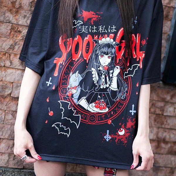 2026 Fashion New Gothic Style Vampire Girl Printed Short Sleeve Kids/Adult Dark Style SPOOKY GIRL Loose Shoulder T-shirt Top