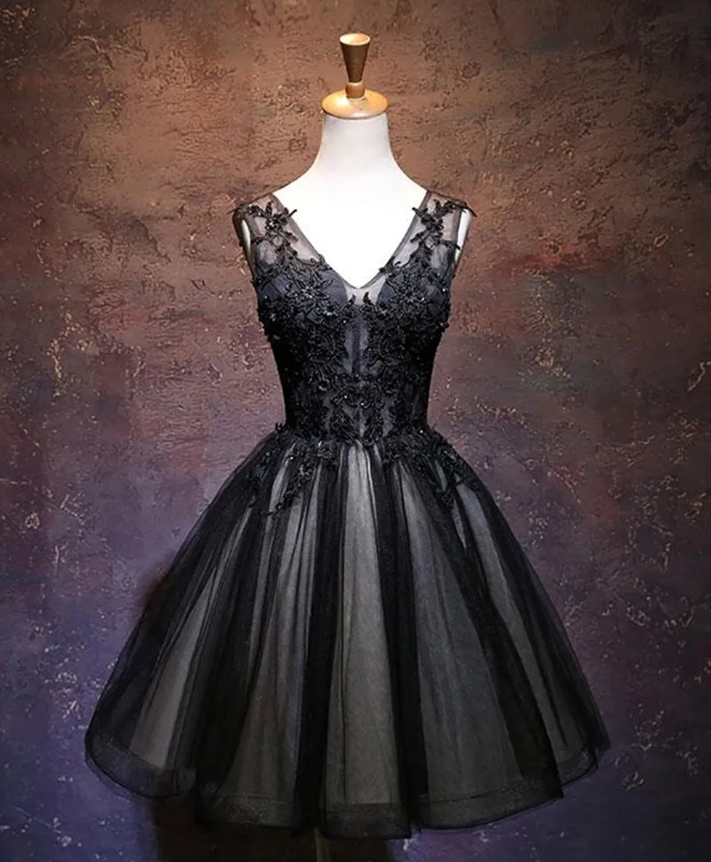 Robe de soirée en dentelle de tulle à col en V, appliques de perles, robe de Rhcourte, faite à la main, personnalisée, noir et champagne