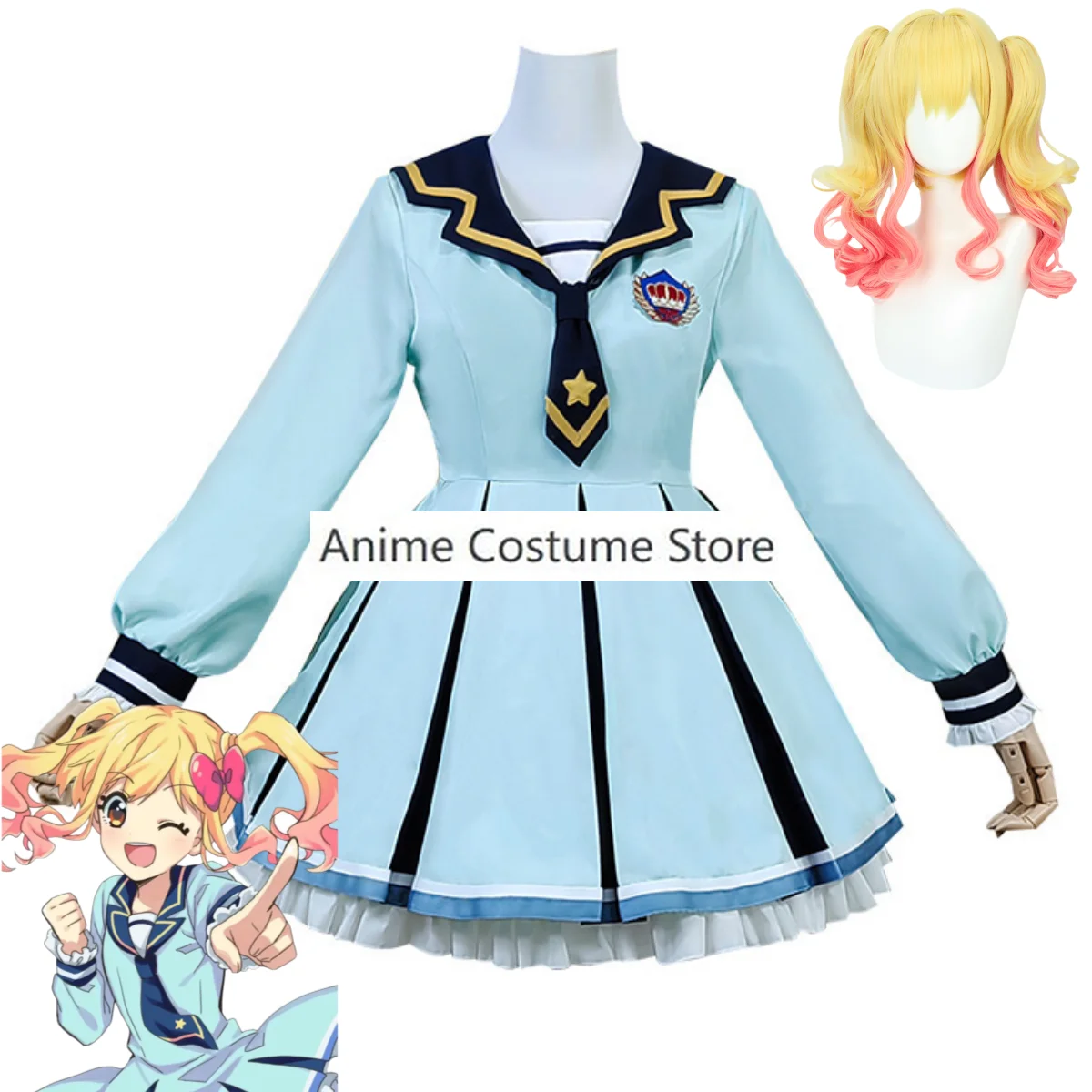 Anime Aikatsu！Nijino Yume Kanzaki Mitsuki Cosplay Costume Blue Sailor Uniform Dress Wig Adult Woman Lovely Campus Suit