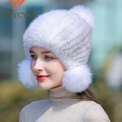 Winter Hot Sale Real Mink Fur Hat For Women Knitted Mink Fur Ear Warm Cap The Spiral Beanies Cap With Fox Fur Pompom On The Top
