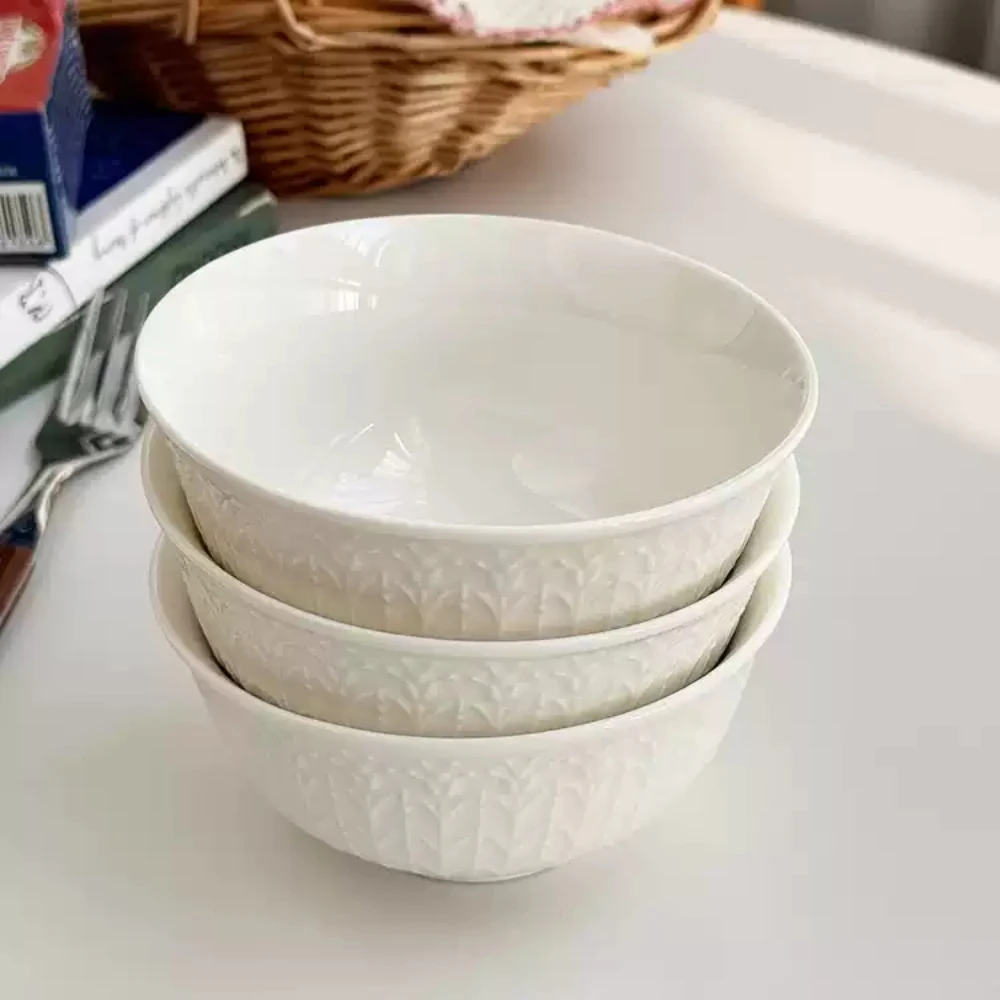 Cuenco de porcelana de estilo japonés, vajilla de cerámica redonda con relieve creativo, sopa de arroz, almuerzo, cuencos de avena y leche, artículos personales
