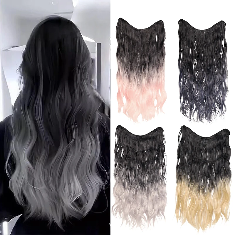 Long Curly Ombre Water Wave Synthetic Hair Extension Wig V Shape One Piece Clip In Hairpiece For Length And Daily Wear