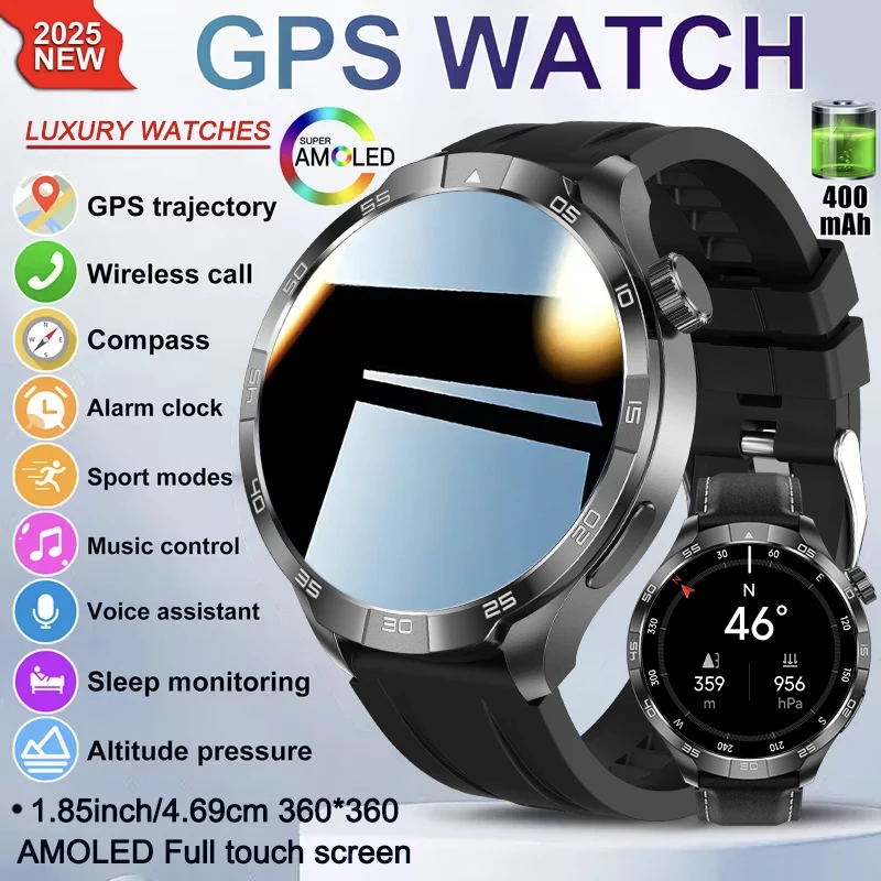 

Новые смарт-часы 2025 года для мужчин с GPS, AMOLED-экраном 1,85 дюйма, водонепроницаемостью IP68, NFC, компасом, измерением высоты и давления, Bluetooth-звонками
