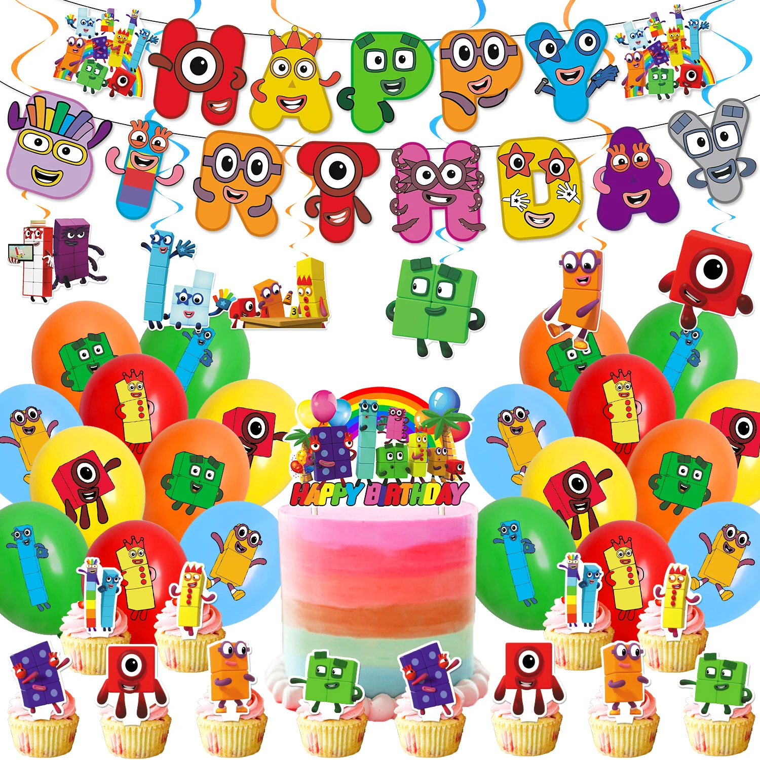 Number Building Blocks Party Plate Cup Kit Kids Happy Birthday Banner Cake Topper Balloon Disposable Tableware Baby Shower Decor