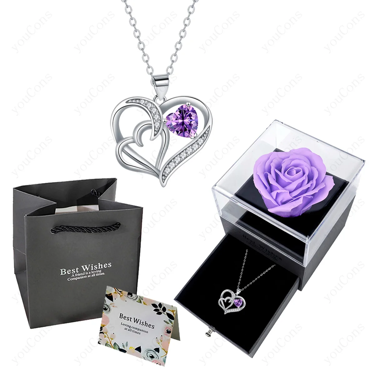 Collares con colgante de corazón de lujo con caja de regalo de flor rosa para mujer, novia, joyería de acero inoxidable para boda y Navidad