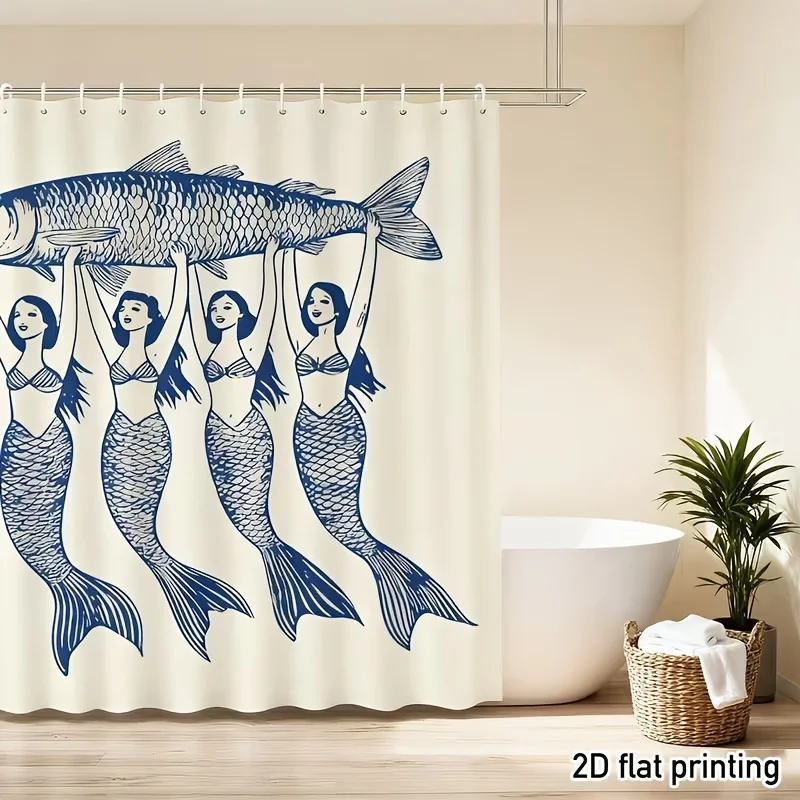 Vintage Mermaid & Fish Shower  Blue Sketch Style Nautical Waterproof Bathroom Decor, Ocean Mythical Creature Home Bath