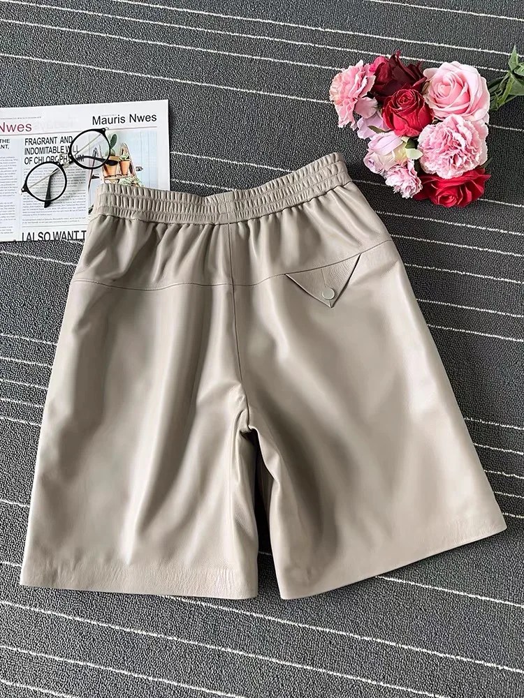 Spring European/America Style Women's Genuine Leather Shorts Female Handsome Straight High Waist Suit Shorts Casual Wide