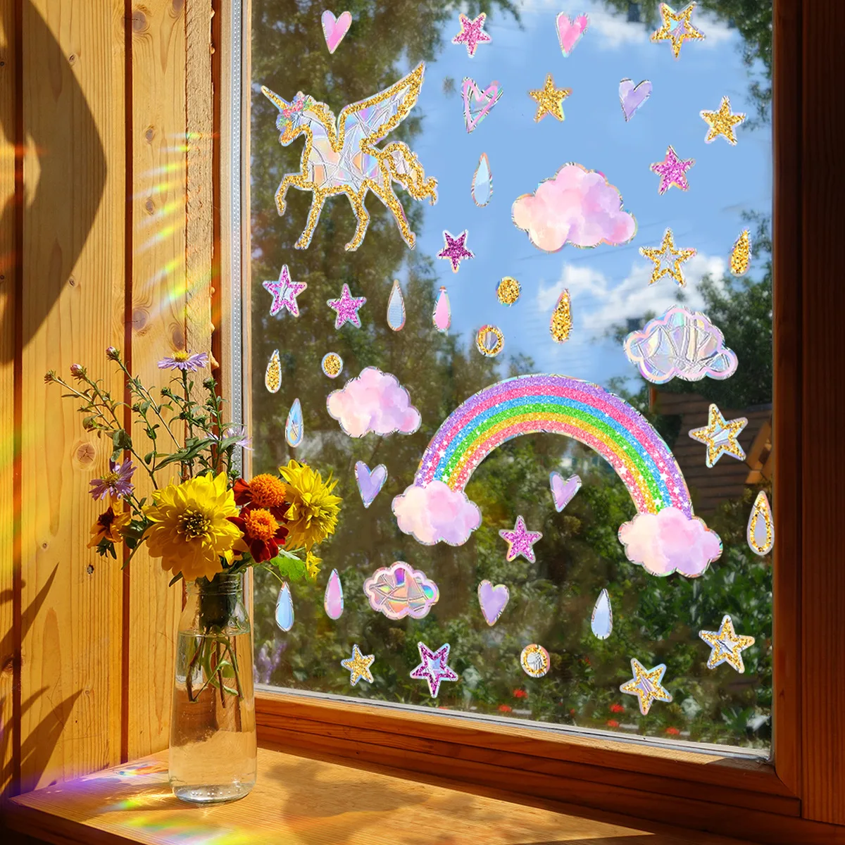 2pcs Rainbow Unicorn Stars Raindrops Colorful Sunlight Electrostatic Sticker Glass Window Wall Sticker Window Sticker Xc8005