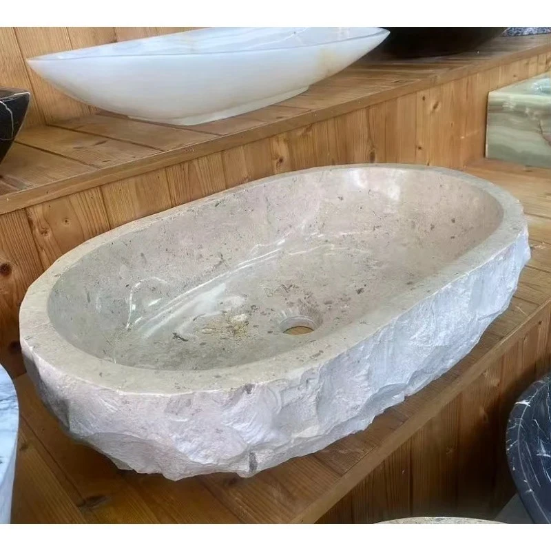 Irregular Shape Unique Den Beige Color Marble Sink Countertop Washbasin Natural Suace Outlook Bathroom