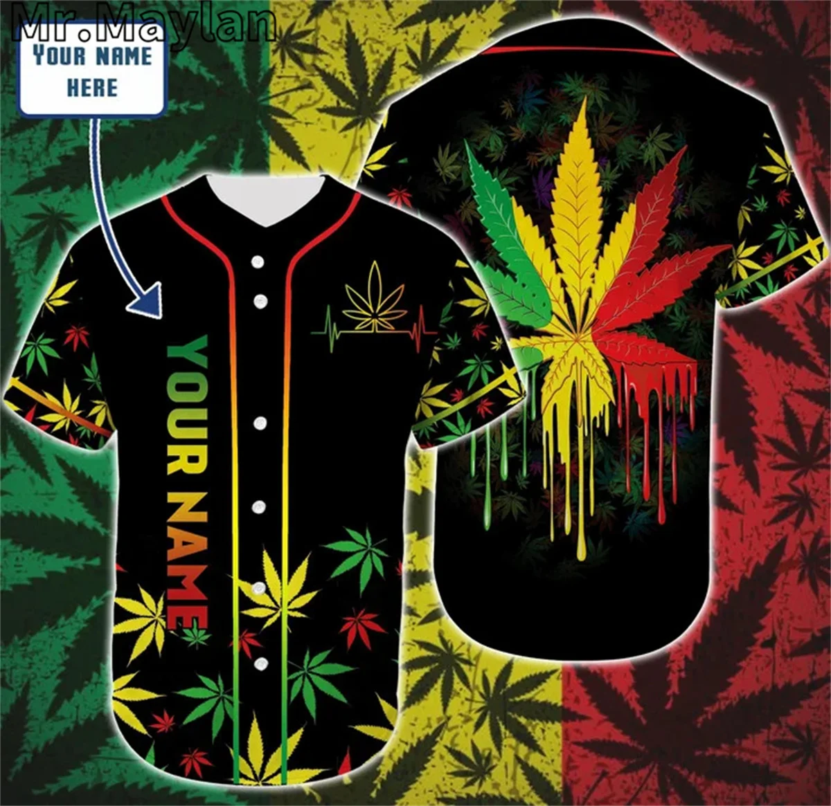 

CUSTON NAME Weeds With Leaves Baseball Tee Jersey Shirt Printed 3D Reggae Bob Marley Men's Shirt Casual Shirts hip hop Tops