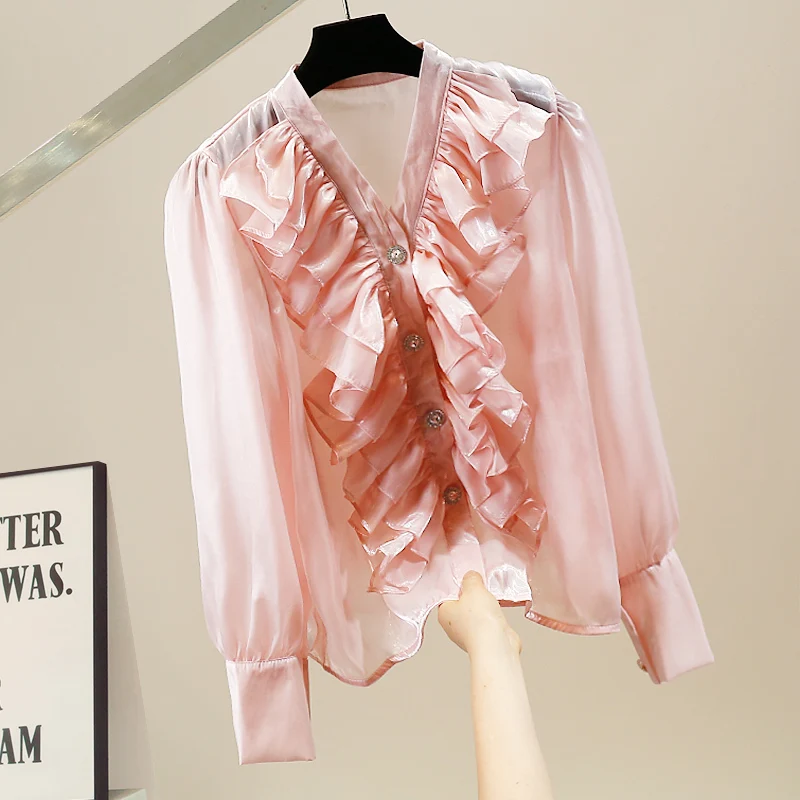 

Flowing Light irt Women's Loose Fit Single Button Lace Trim Splice High-End Feel Top V-ne Long Sve Commute S...