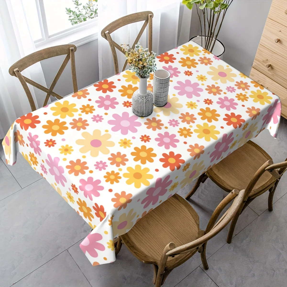 Vintage Hippie Bohemian Daisy Tablecloth, Machine Made Plastic Table Runner, 4.5 X 9.0 ft, Suitable for Mother'S Day, Graduation