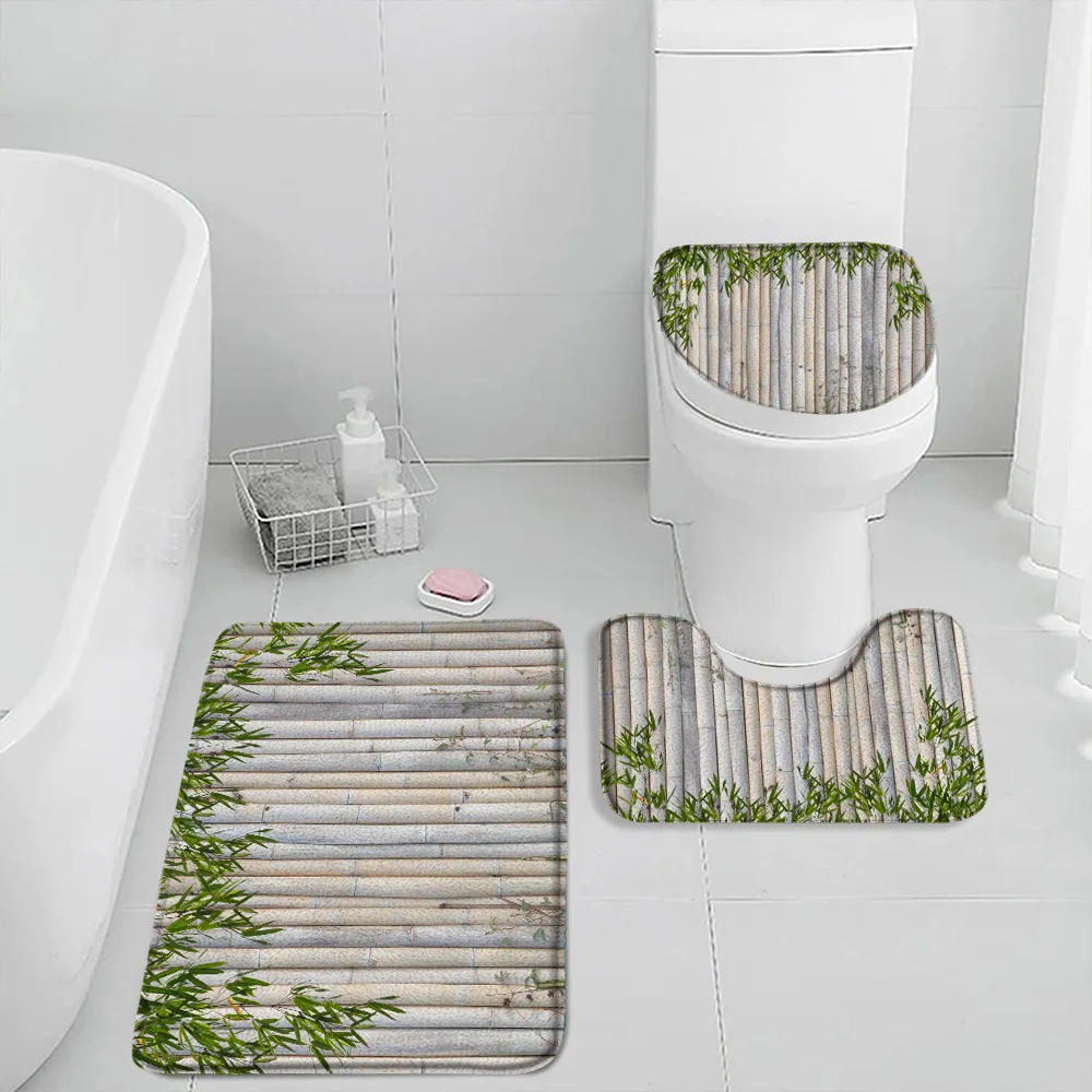 

Zen Green Bamboo Buddha Bath Mat Set Stone Lotus Water Candle Stone Asian Japanese Spa Bath Mat Home Carpet Toilet Lid Cover