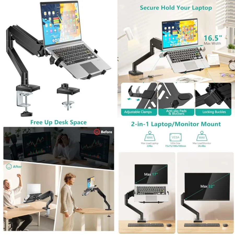

Single Arm Laptop and Monitor Desk Mount for 17" Notebook and Up to 32" Screen, 2-in-1 Adjustable Monitor Arm with Laptop Tray, VESA 75x75 100x100,Holds 22-26.4 lbs, Black