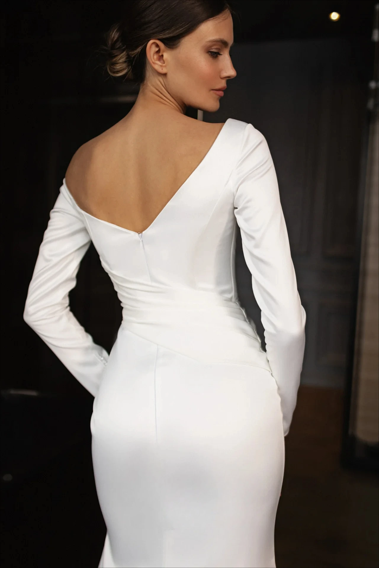 Customized Simple One Shoulder Long Sleeves Open Back Mermaid Floor Length Sweep Train Wedding Dresses Satin Draped Bridal Gowns