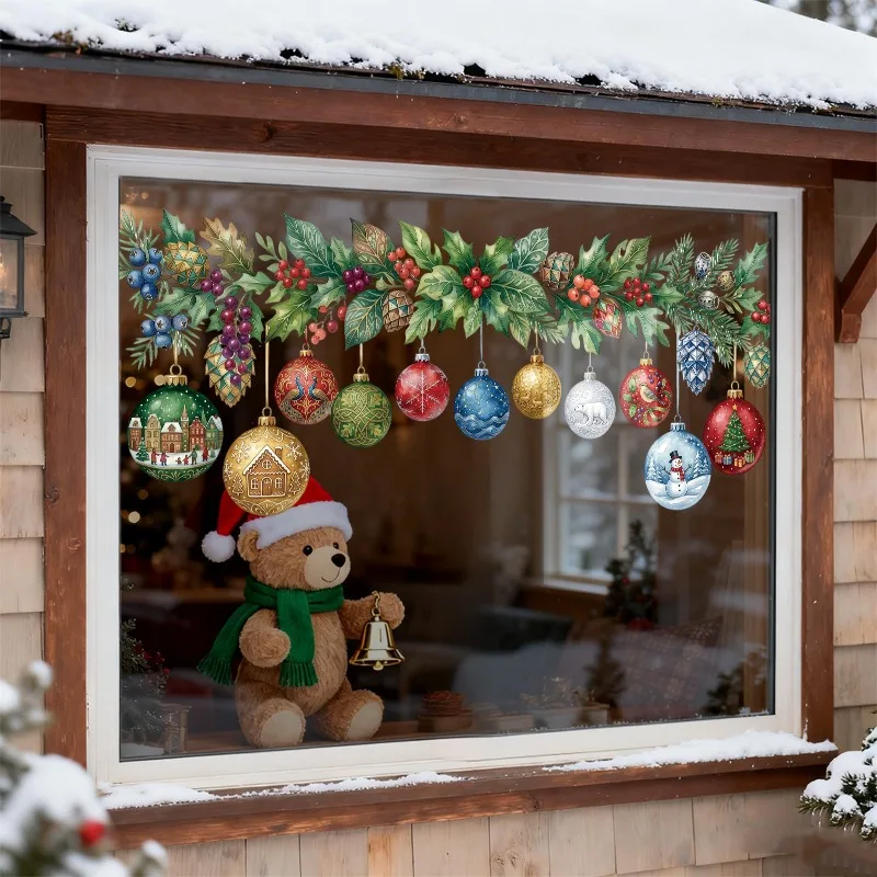 Christmas Light Ball Red Berry Static Window Clings Glass Door Stickers Shop Window Holiday Atmosphere Home Beautification Decor