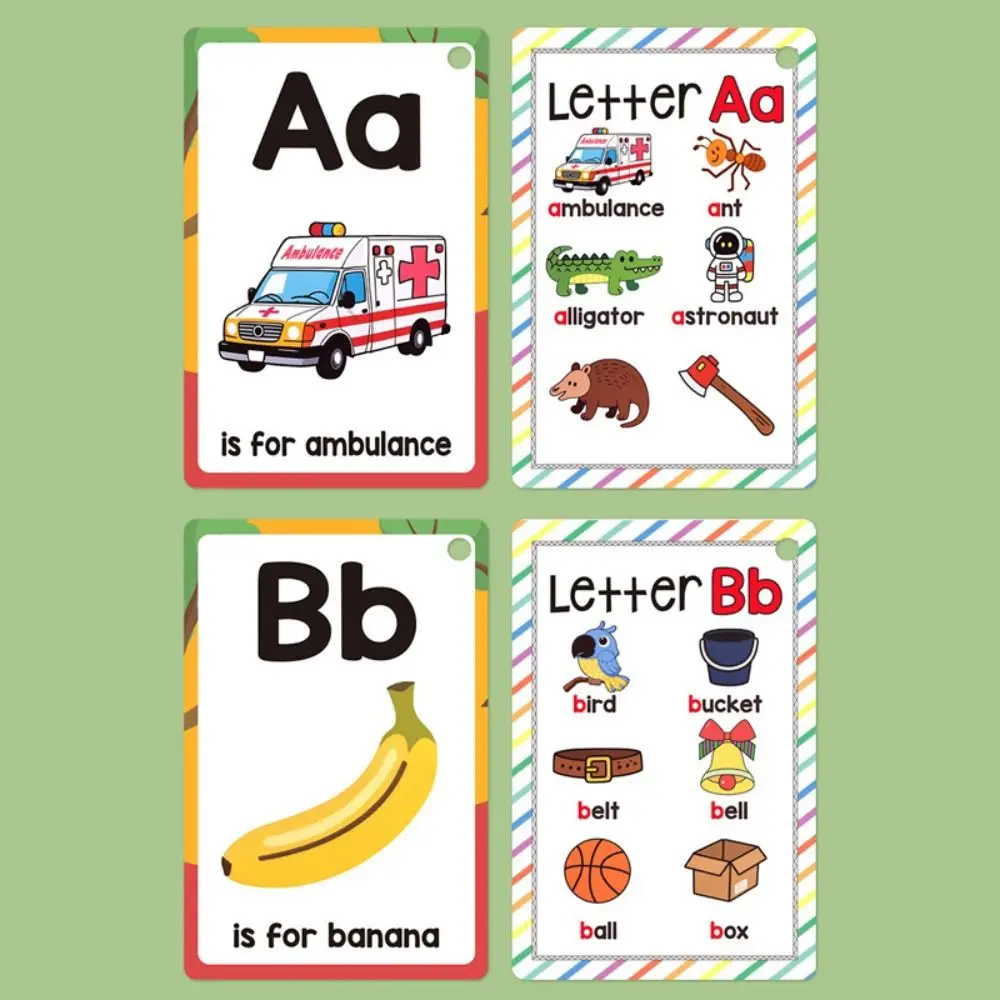 Cartões do alfabeto inglês com 26 letras, cartões A-Z, 156 palavras, cartões de aprendizagem montessori com imagens, design colorido