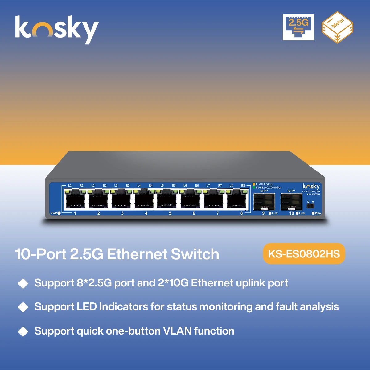 

Коммутатор с восходящей линией KOSKY 8+2 10G имеет 8 портов RJ45 10/100/1000/2500 Мбит/с 2 оптических порта SFP 1/2,5/10 Гбит/с, подходящих для офиса