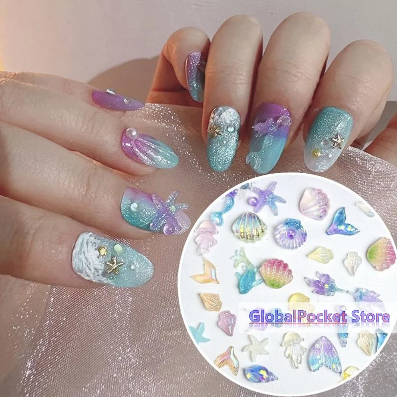 [TG823]50PCS 3D Conch Shell Nail Charms Colorful Jellyfish Ocean Resin Translucent DIY Nail Art Decorations