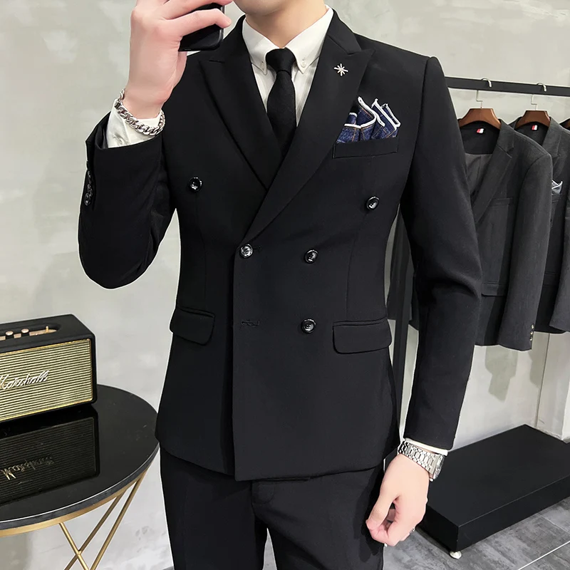 (Jackets+Vest+Pants) Men Spring High Quality Business Suits Male Slim Solid Color Double Breasted Groom\'s Wedding Dress Blazes