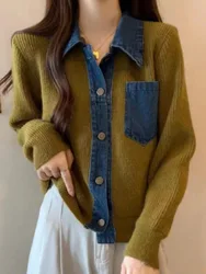 Patchwork Denim Knitted Cardigan Women Polo Collar Sweater Cardigan Female Long Sleeved Knitted Loose Cardigan Autumn Winter