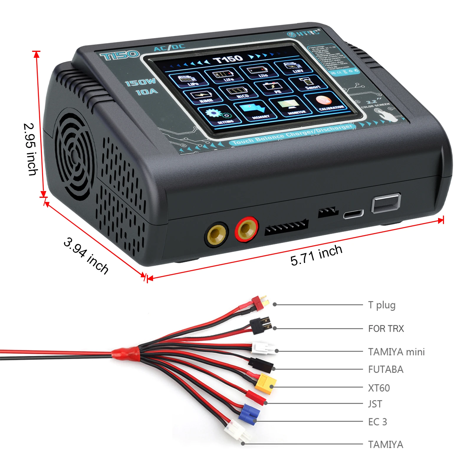 HTRC RC شاحن T150 التيار المتناوب/تيار مستمر 150 واط 10A شاشة تعمل باللمس شاحن ميزان مفرغ ل يبو LiHV الحياة ليلون NiCd NiMh شاحن بطارية