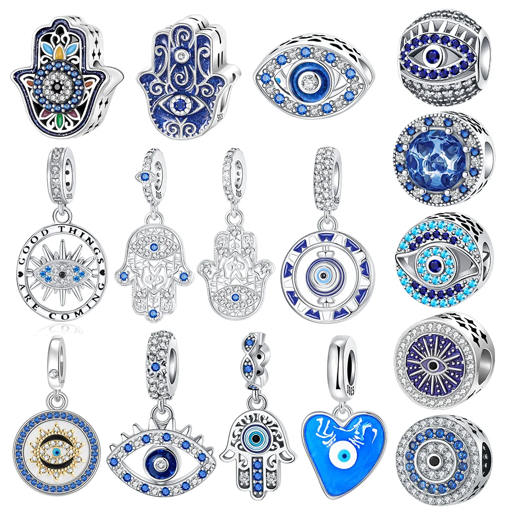 100% Real 925 Sterling Silver Mysterious Classic Blue Devil's Eye Fatima's Hand Pendants Charms Beads Fit Bracelets DIY Jewelry