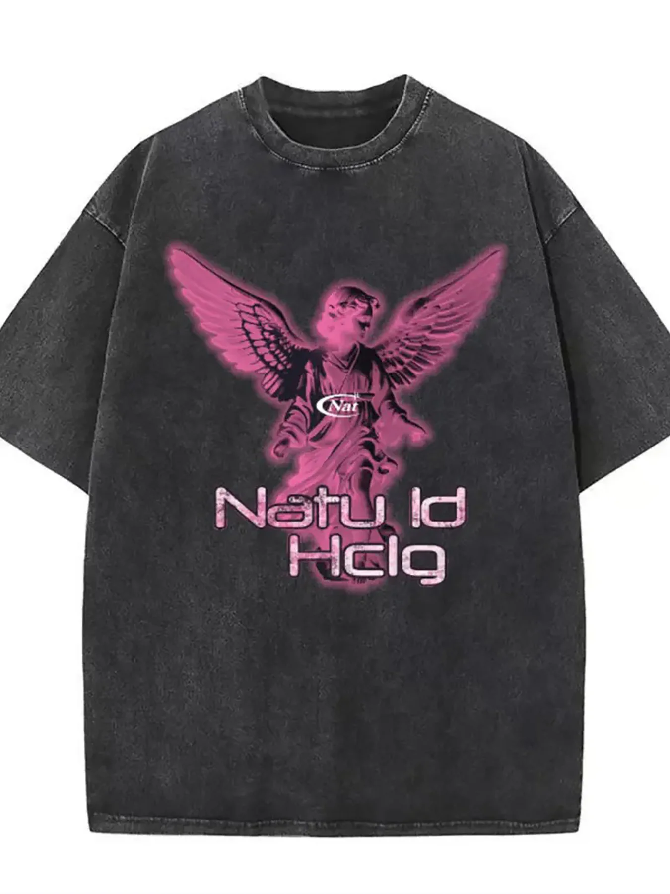 Men's Vintage Acid Wash Loose T-Shirt - Pink Angel Pattern Natural Therapy Print Street Style T-Shirt, Loose Breathable Top, Hip-Hop Fashion, Comfortable All-Season Crew Neck Top, Ideal Gift for Men (Digital Heat Transfer Design)