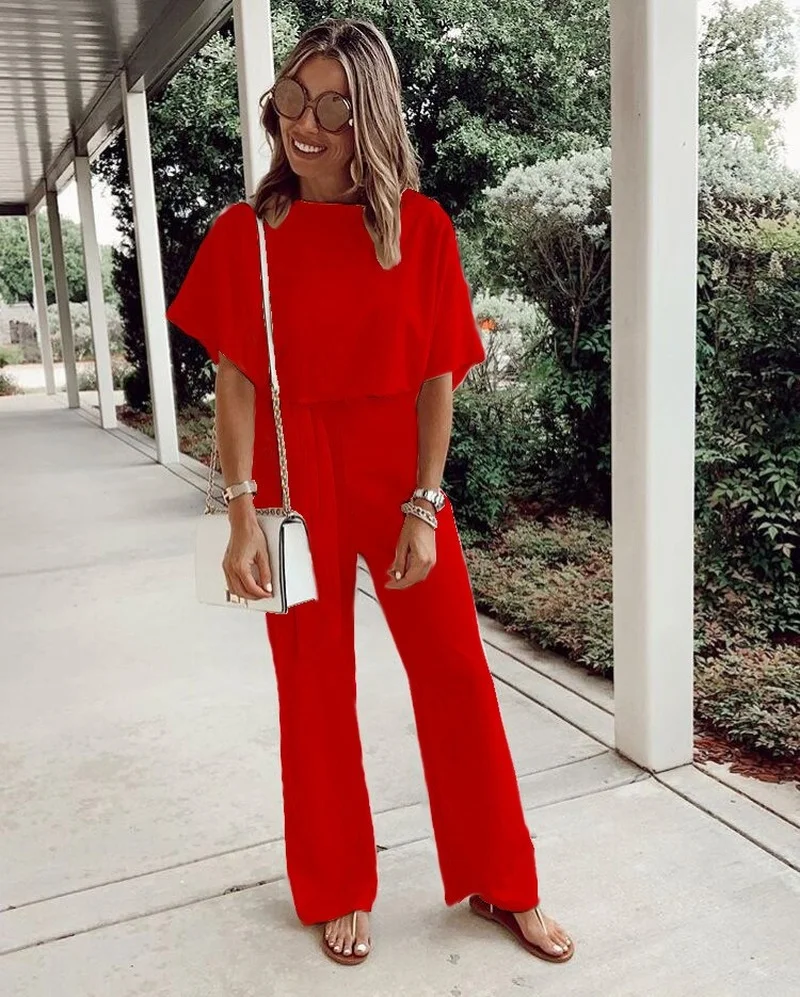 2023 New Loose Casual Lace Up Short Sleeves Jumpsuits Women Summer Solid Color Pockets Mature Wide Leg Pants Rompers OL Female