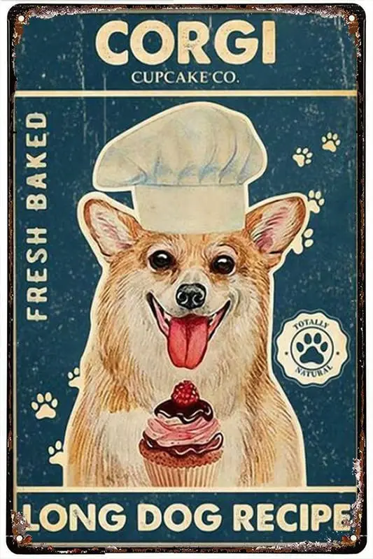 Tin Signs Bar Wall Decor Corgi Baker Cupcake Corgi Long Dog Recipe Tin Signs Wall Decor for Bars,Restaurants,Cafes Pubs Hallowee