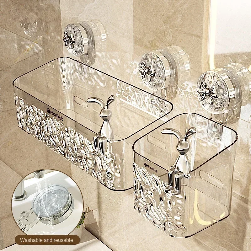 

Shower Suction Cup Shelf Basket Light Glacier Pattern One Second Installation bathroom Organizer Storage Rotating to Suck Remove