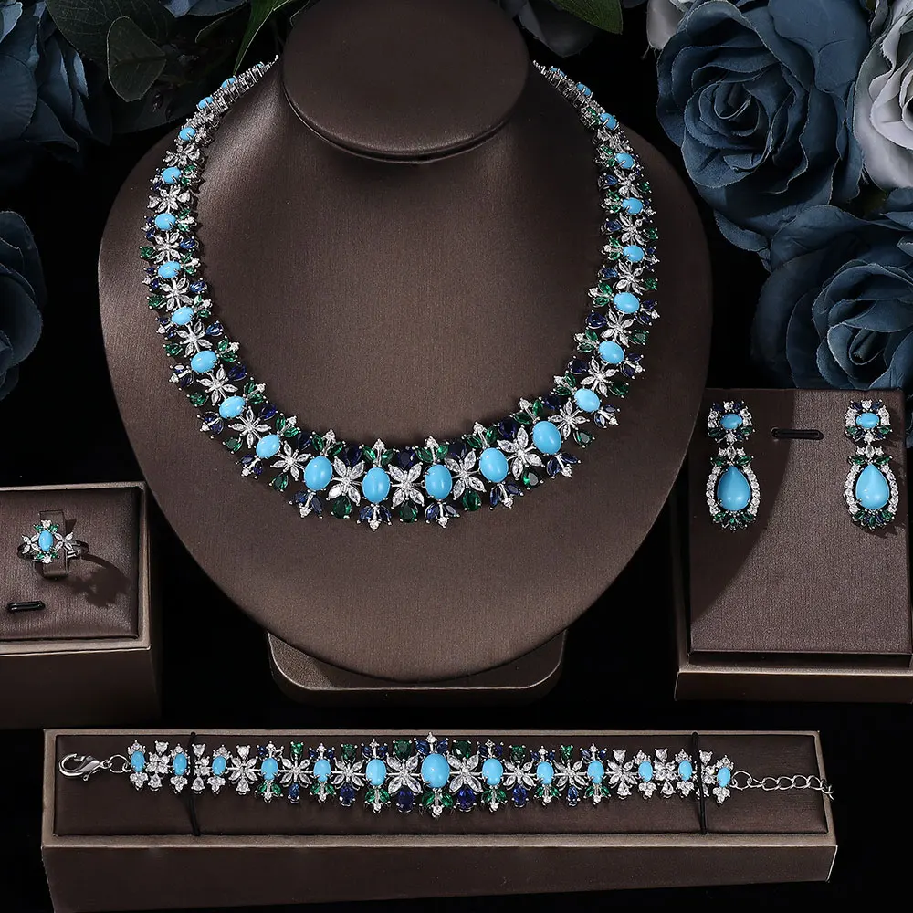 

New Luxury Green Blue CZ Crystal Turquoise Earrings Necklace 4PCS Wedding Bridal Jewelry Set for Party