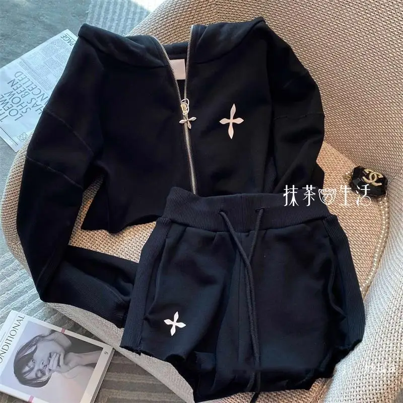 New casual sports hooded sweatshirt set shorts fashio high street all cotton two piece sets womens outifits y2k streetwear