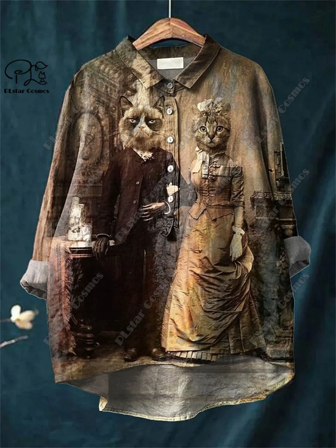 PLstar Cosmos new 3D printed women's loose retro floral cat fun casual printed open tube shirt K-5