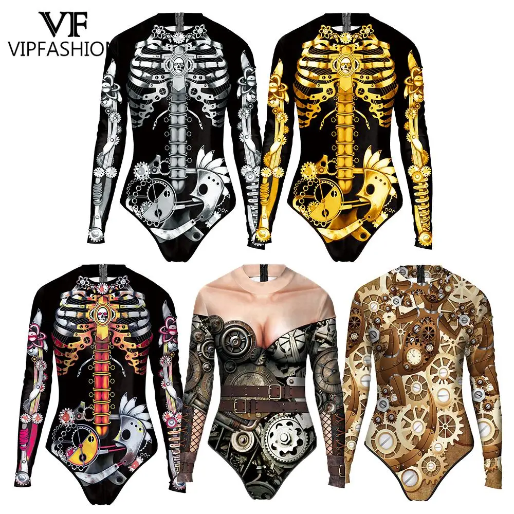 

VIP FASHION Punk Women Sexy Bodysuits Fashion One Peice Ladies Long Sleeve Swimsuit 3D Print Zentai Suit Cosplay Party Costume