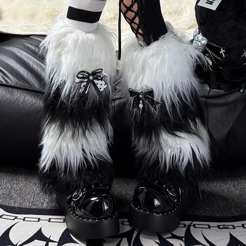 Multi-color Plush Leg Warmers for Girls Winter Fur Furry Gothic Punk Woman Leg Warmers Y2k Harajuku Long Socks Bow Decoration