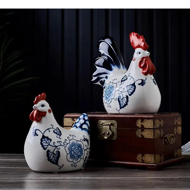 Chinese Vintage Ceramic Craft Ornament Chicken Rooster Animal Sculpture Porcelain Decorative Figurines Home Accessories