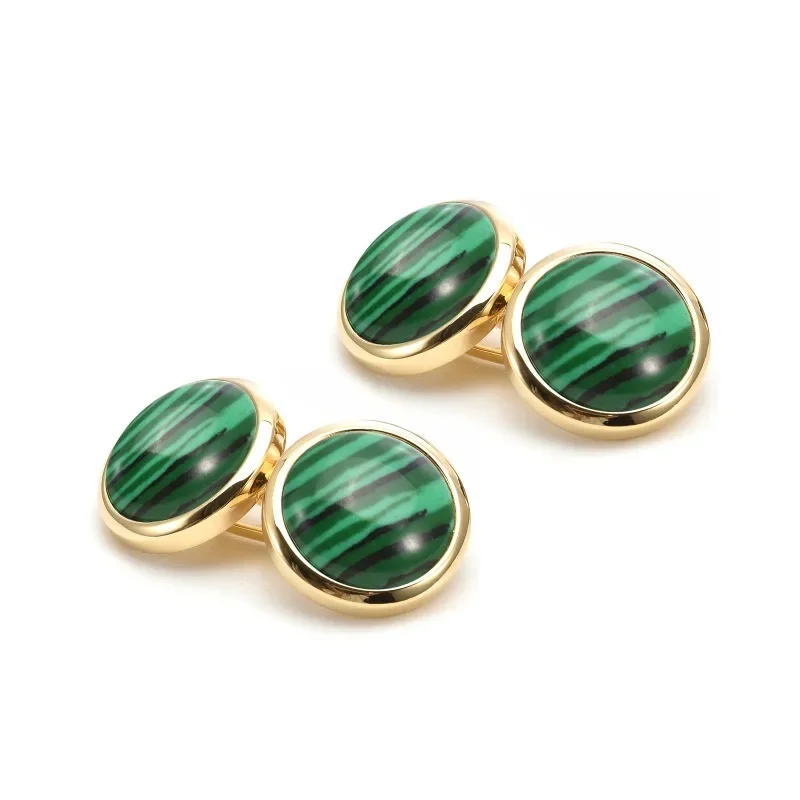 Luxury Round Natural Malachite Gem French Sleeve Chain Cufflink Double Sided Buckle Cuff Links for Mens Wholesale