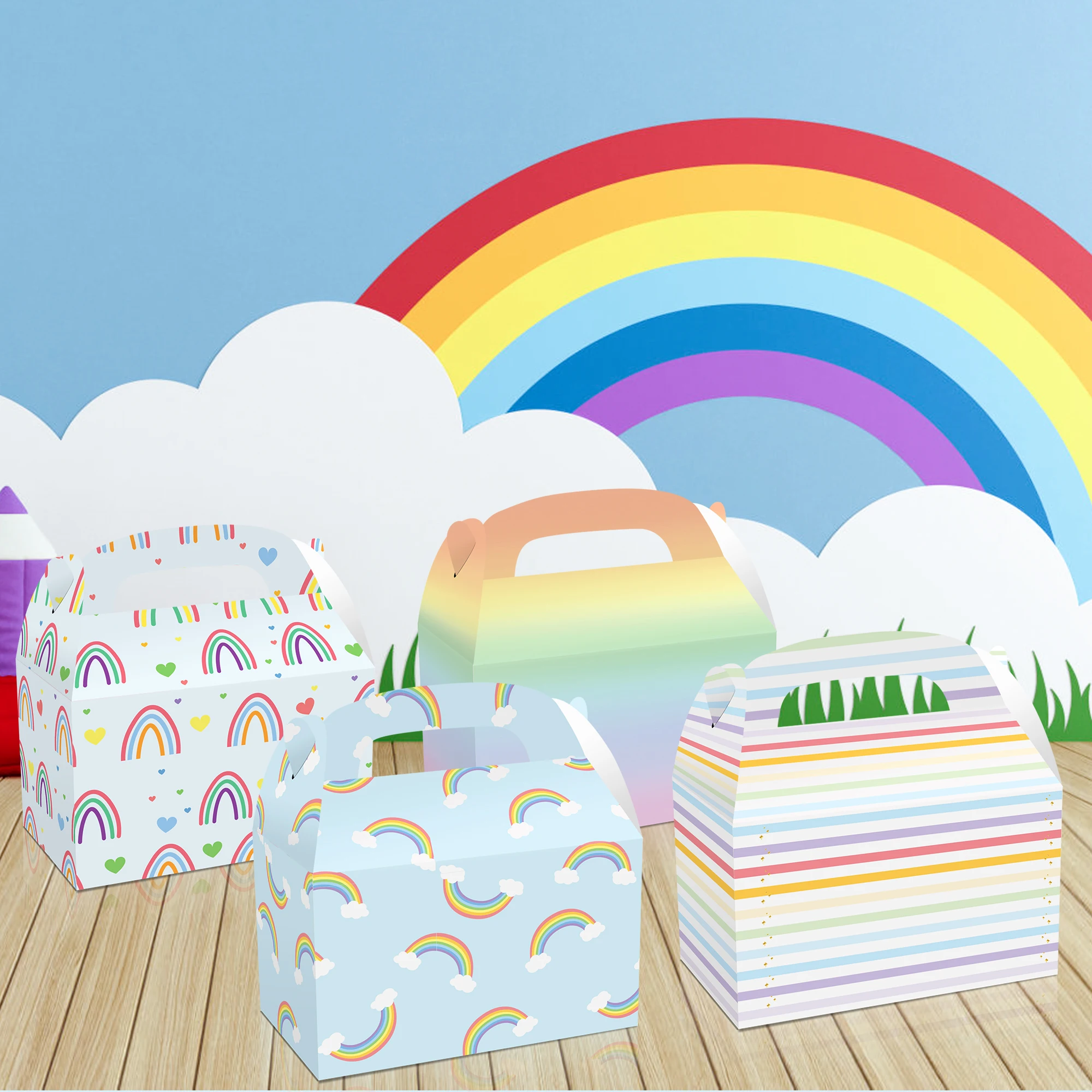 DD080 4Pcs Kids Sweet Rainbow Baby Shower Party Cake Candy Portable Packing Gift Boxes Gifts Bag Pack Birthday Party Decorations