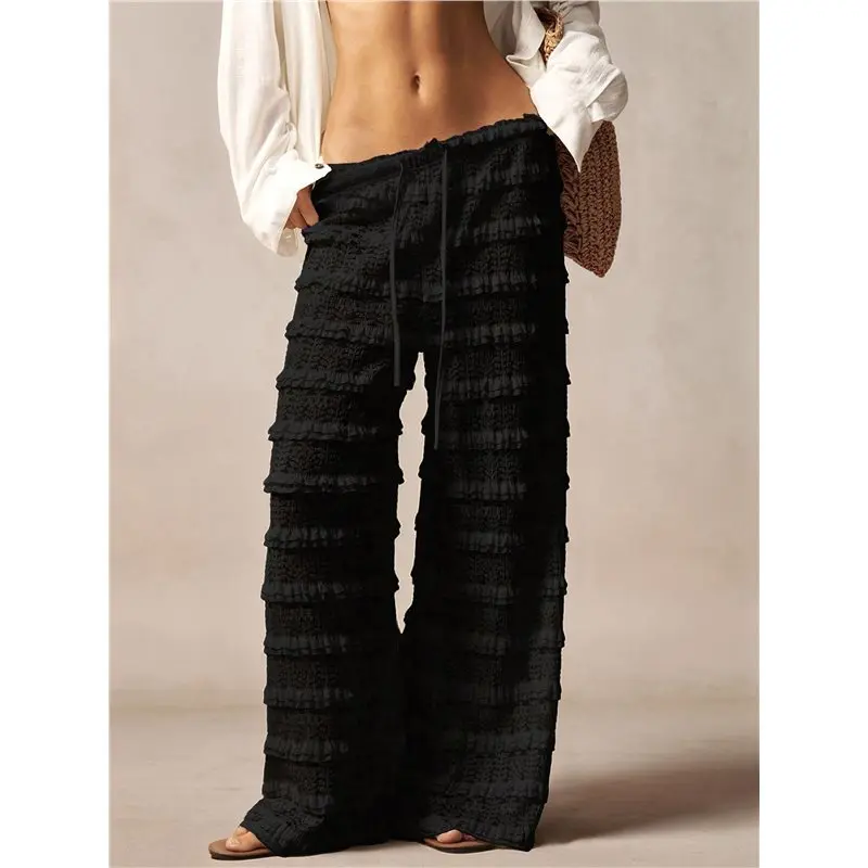 NEW-Women Drawstring Elastic Waist Multi Ruffle Eyelet Lace Wide Leg Pants Cover Up Beach Pants