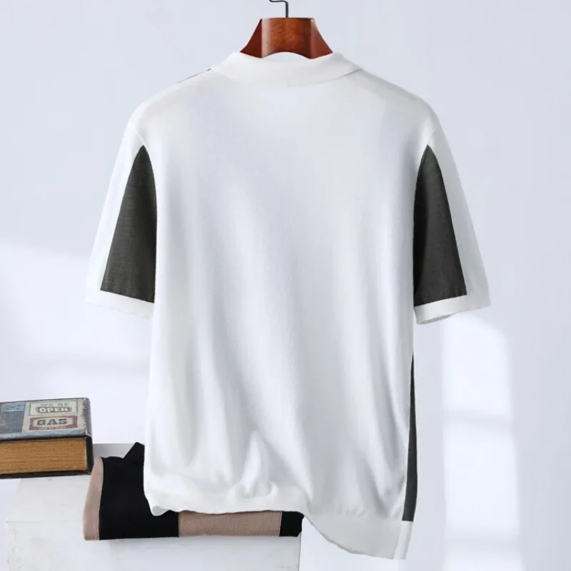 عالية الجودة اللون منعت مخطط الحياكة الرجال قمصان بولو الصيف رقيقة الحرير الجليد تنفس التلبيب تي شيرت الأعمال عادية تيز #4