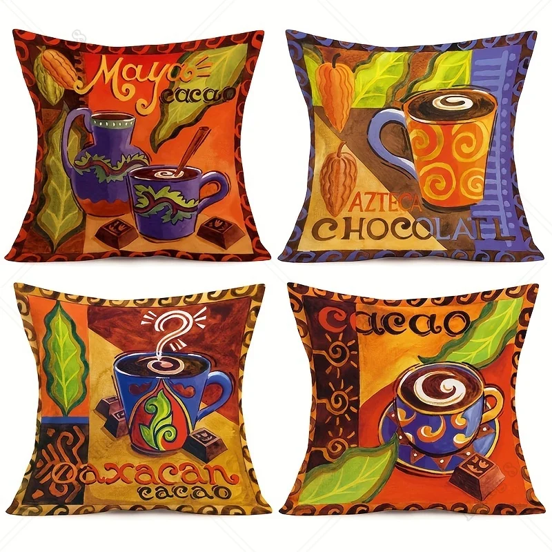 4pcs Cocoa Pillow Covers Vintage French Chic Graffiti Coffee Cups Throw Pillow Cushion Cover Home Sofa Pillowcase 18x18 Inch