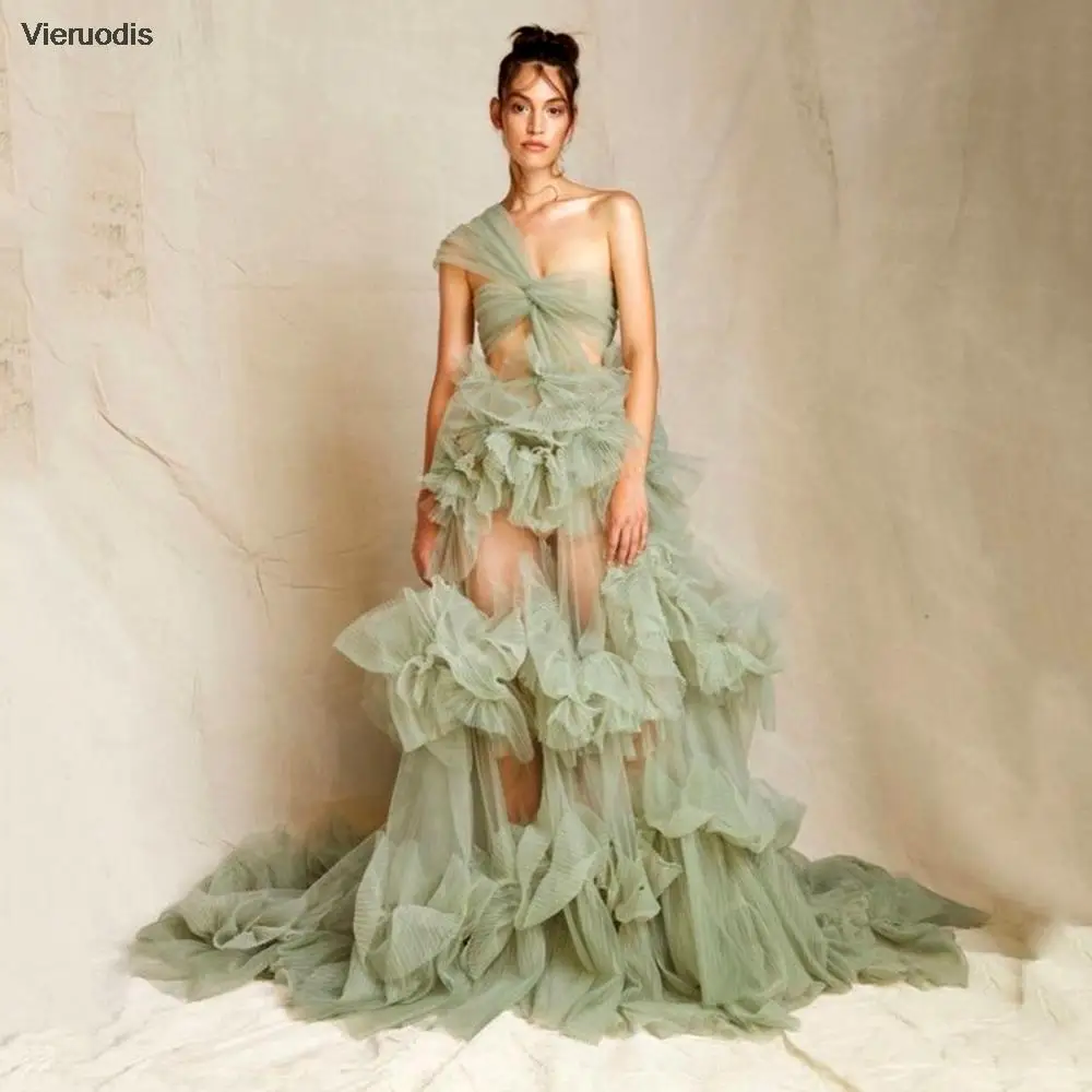 

Sexy Prom Dress One Shoulder Ruffles Tiered See Through Tulle Prom Gown Photographic Party Dress with fitable Bows On Back