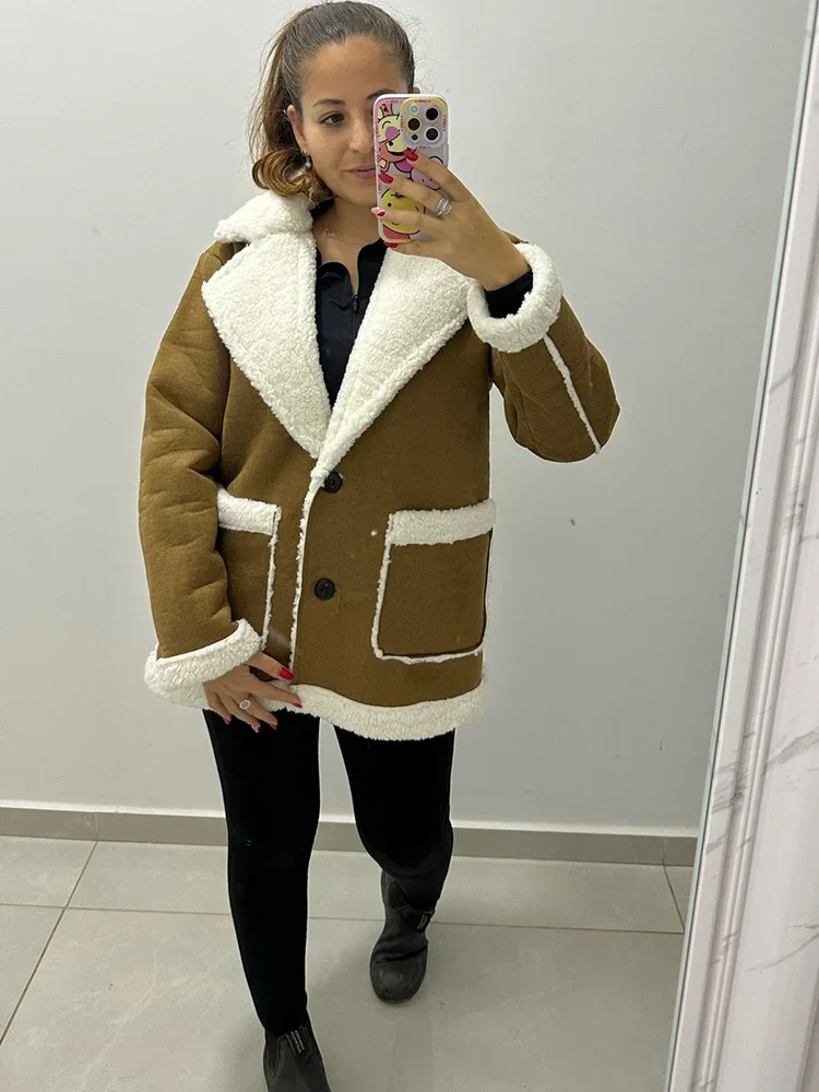 Winter Women Warm Fur Sheepskin Suede Fleece Coat Jackets Lamb Wool Thicken Locomotive Lapel Female Chic Outwear Teddy Coat