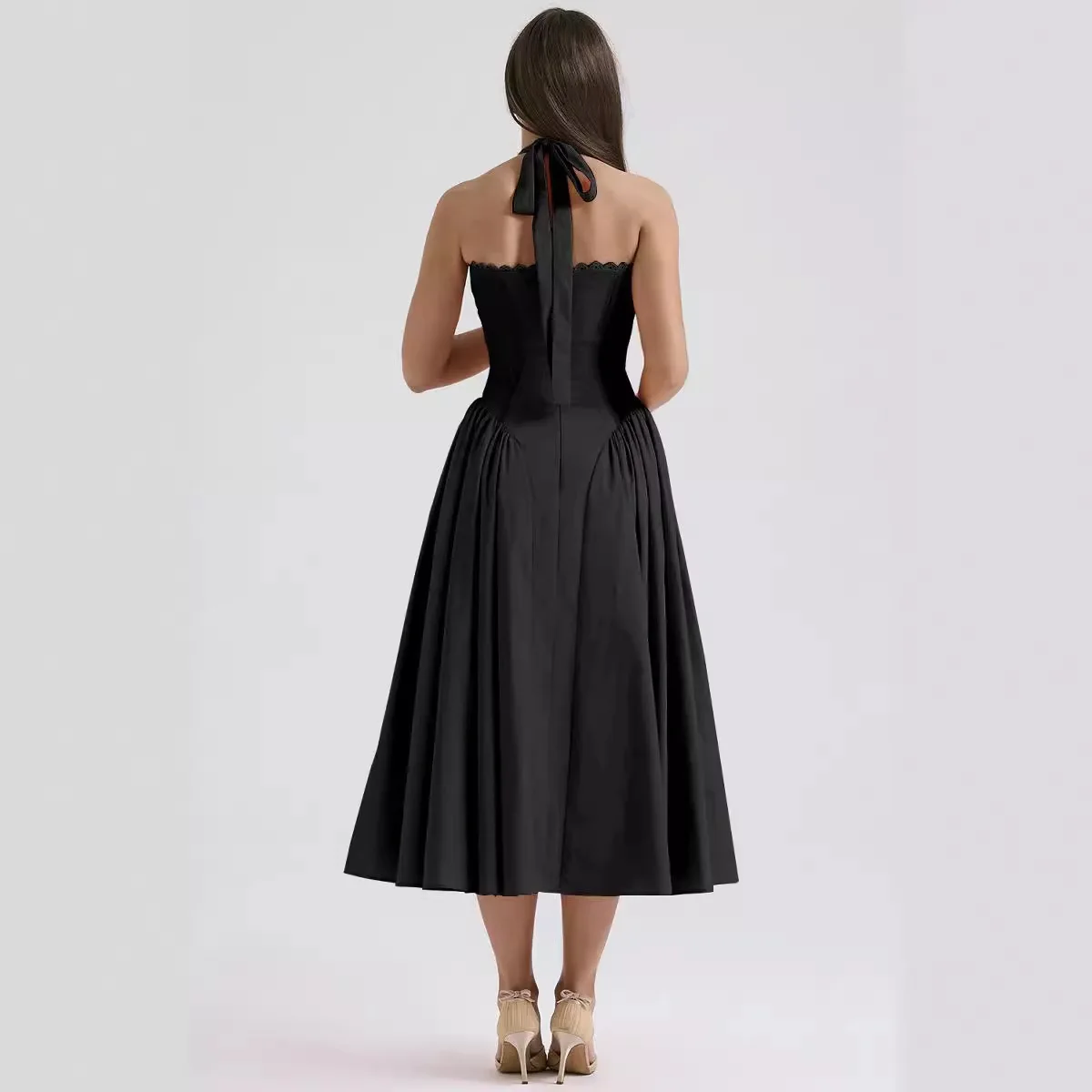E Vestido de Encaje con Estampado Moderno, Verano, Corte Ajustado, Escote Strapl, Dobladillo Cole, Falda de una...